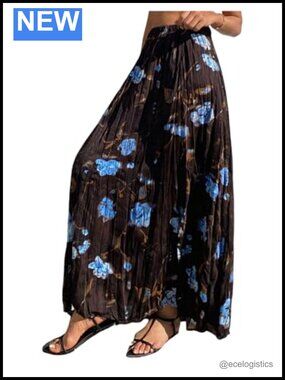 Floral Pleated Long Maxi Skirt Elastic Waist Boho Summer Beach Vacation